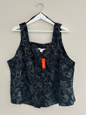 NWT Joe Fresh Black Tropical Palm Print Sleeveless Top Sz 1X Linen/Cotton Blend